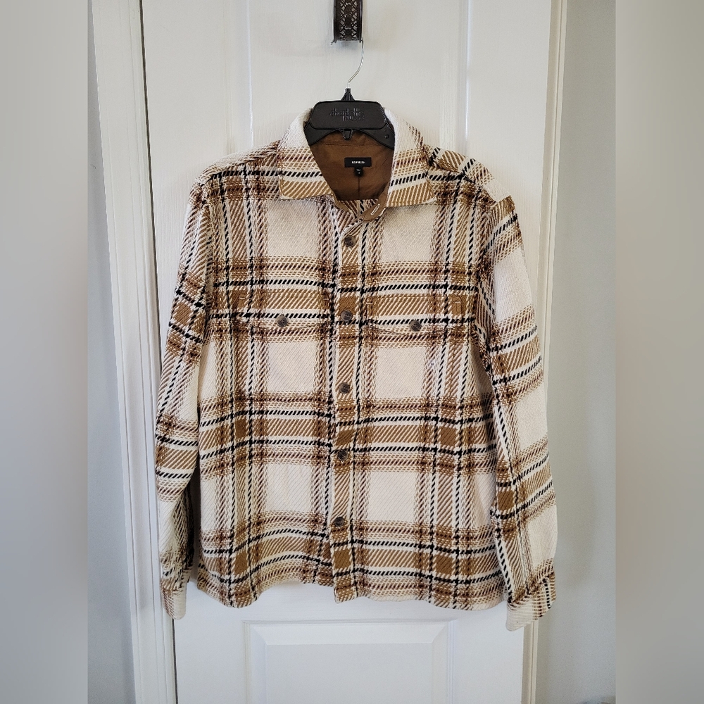 NWT Express Plaid Cotton Shacket Flannel Shirt Jacket Swan Medium Ivory Tan